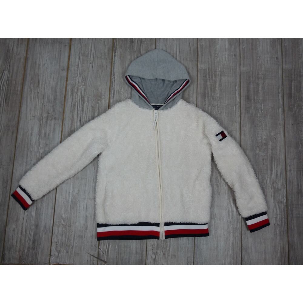 Tommy Hilfiger White Fur with Red/Blue Stripe Hoodie Full Zipper Jacket Size S/P - Picture 10 of 10